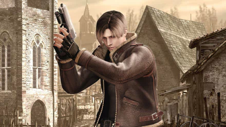 Leon S. Kennedy from Resident Evil 4 aiming a pistol in a ruined village — HD PC desktop wallpaper and background.