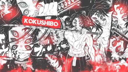 A dynamic HD wallpaper featuring Kokushibo from the anime Demon Slayer: Kimetsu no Yaiba, showcasing vibrant graphics and bold colors in a striking design.