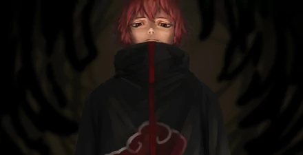 Sasori from Naruto in an Akatsuki cloak, red hair and tired eyes against a shadowy swirling backdrop — anime 4K Ultra HD PC desktop wallpaper background.