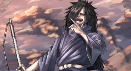 4K Ultra HD anime wallpaper featuring Madara Uchiha from Naruto, depicted with a confident smile against a dramatic sky background.