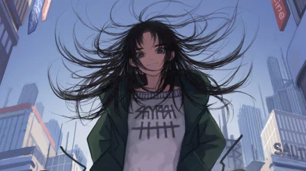 Anime-style HD desktop wallpaper featuring a black-haired character standing confidently against a detailed cityscape background.