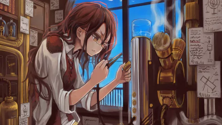 Anime original with brown hair and brown eyes, wearing glasses and tinkering with a steaming brass machine by a sunlit window — HD PC desktop wallpaper/background.