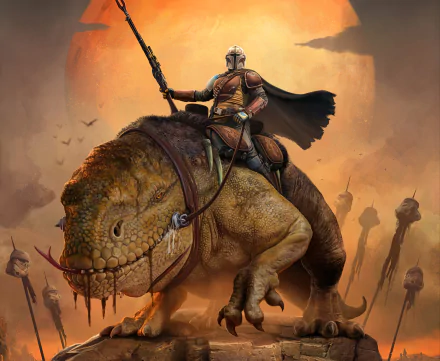 HD Star Wars PC desktop wallpaper: The Mandalorian (Character) from The Mandalorian (TV Show) atop a massive reptilian creature against a desert dusk backdrop.