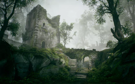 A fantasy-themed HD PC desktop wallpaper featuring ancient stone ruins overgrown with moss and surrounded by misty, dense forest.