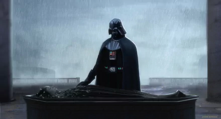 Darth Vader stands in the rain beside a coffin holding Padmé Amidala, set against a moody Star Wars sci-fi backdrop in HD.