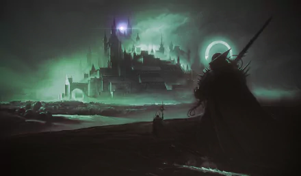 A dark warrior with a sword stands overlooking a shadowy city under a glowing green sky in this HD PC desktop wallpaper.