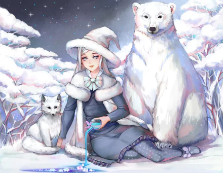 Anime original HD PC desktop wallpaper: a young woman in winter robes with a polar bear and a polar fox in a snowy landscape beneath a starry sky.