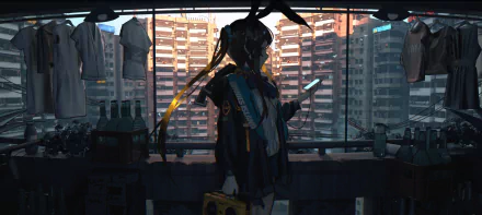 Amiya from Arknights stands by a window overlooking high-rise buildings at sunset, holding a phone. The HD desktop wallpaper captures a detailed, atmospheric urban scene with a gaming character.