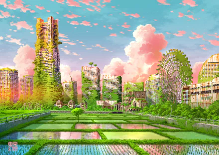 Anime-style post-apocalyptic cityscape with overgrown buildings, lush greenery, and a ferris wheel under a vibrant sky, depicted in HD for a PC desktop wallpaper.