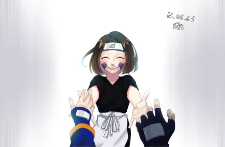 Rin Nohara smiles and reaches toward the viewer as Kakashi Hatake and Obito Uchiha’s gloved hands appear in the foreground — Naruto anime 2K PC desktop wallpaper.
