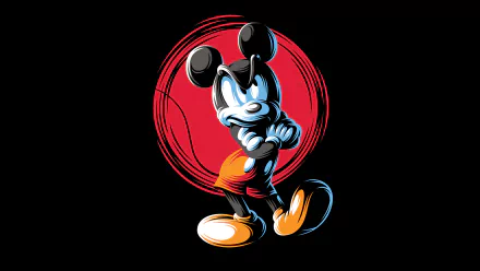 Stylized Mickey Mouse standing before a bold red circle, cinematic Disney movie look — 4K Ultra HD PC desktop wallpaper/background