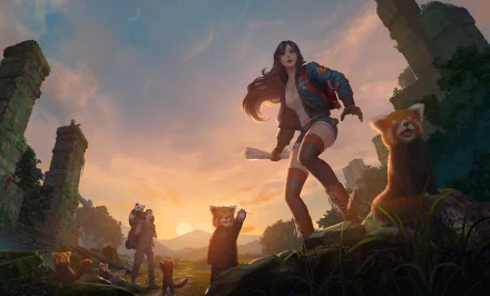 HD fantasy PC wallpaper featuring a woman surrounded by red pandas in a mystical, crumbling landscape at sunset.