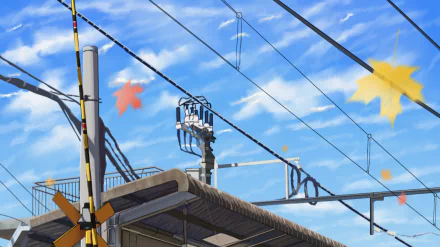 HD anime desktop wallpaper depicting a bright autumn sky with floating fall leaves above a train station, capturing a serene original Sky Anime scene.