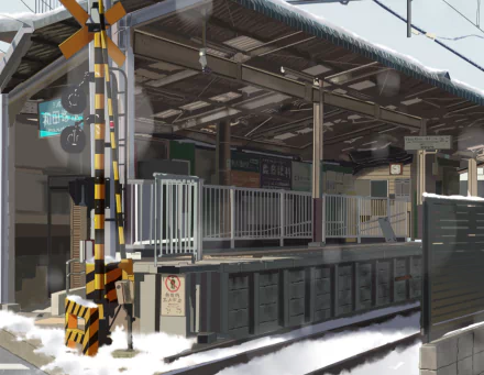 Anime-style HD desktop wallpaper showing a snowy railroad train station platform with detailed structures and signage in a calm, wintry setting.