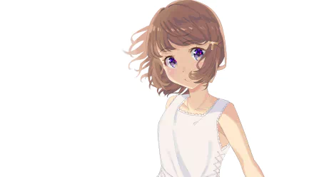 HD PC wallpaper of Tomoe Koga (Rascal Does Not Dream of Bunny Girl Senpai): portrait in a white sleeveless dress, short brown hair and purple eyes on a pale background.