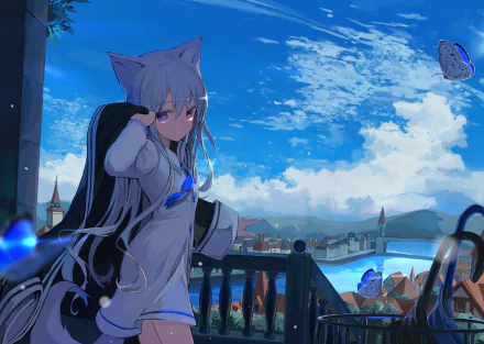 Anime character with white hair, purple eyes, and animal ears stands on a balcony overlooking a scenic town and lake. Butterflies flutter nearby. HD desktop wallpaper and background.