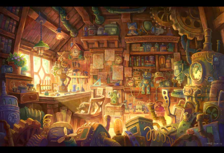 Sunlit anime-style room with a large window, cluttered bookshelves, gears and vintage gadgets — warm HD PC desktop wallpaper and anime room background.