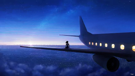 Anime-style HD desktop wallpaper featuring a serene night sky filled with stars and a shooting star. An aircraft wing with a small figure sitting on it is highlighted against the starry backdrop.