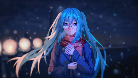 Hatsune Miku with long blue hair and glasses stands under a night sky, wearing a scarf and coat, portrayed in a detailed 4K Ultra HD anime-style Vocaloid wallpaper.