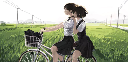 Anime-style 4K Ultra HD original artwork of two schoolgirls riding a bicycle through lush green fields, depicted in a serene and softly detailed desktop wallpaper.