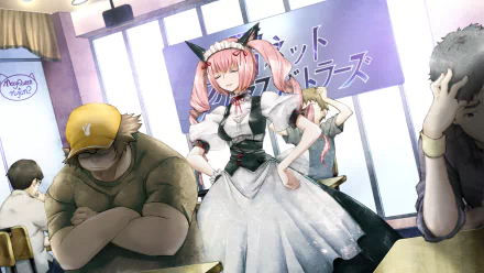HD Steins;Gate wallpaper: Faris Nyannyan in a cat‑ear maid outfit stands in a sunlit classroom while Itaru Hashida slouches at a nearby desk.