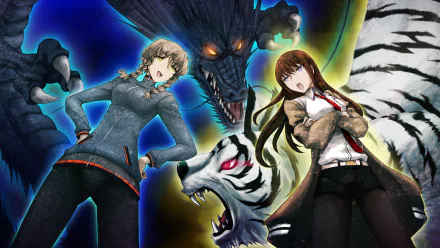 HD PC desktop wallpaper/background of Suzuha Amane and Kurisu Makise from Steins;Gate, posed before a glowing dragon and snarling white tiger in dramatic, high-contrast anime style.