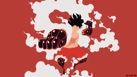Stylized 4K Ultra HD anime wallpaper of Monkey D. Luffy in Gear Fourth pose from One Piece, featuring bold red and black tones with dynamic smoke effects.