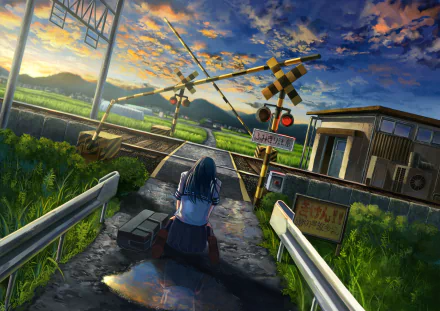Anime-style HD desktop wallpaper of a girl sitting near a railroad crossing at sunset, with a reflective puddle and a vibrant sky in the background.
