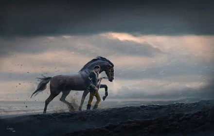 Artistic HD desktop wallpaper featuring a soldier walking beside a rearing horse under a moody, cloudy sky.