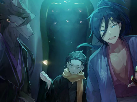 HD anime wallpaper featuring Halibel, Subaru Natsuki, and Cecilus Segmunt from Re:Zero - Starting Life in Another World, set in a mystical forest scene.