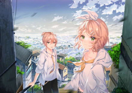 HD anime-style desktop wallpaper featuring blonde, green-eyed Vocaloid characters Rin and Len Kagamine against a bright cityscape background.