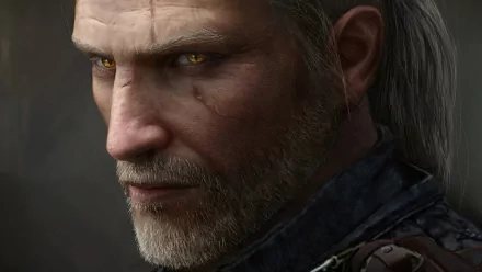 Close-up of Geralt of Rivia's face with striking yellow eyes from The Witcher 3: Wild Hunt, rendered in 4K Ultra HD for a PC desktop wallpaper.