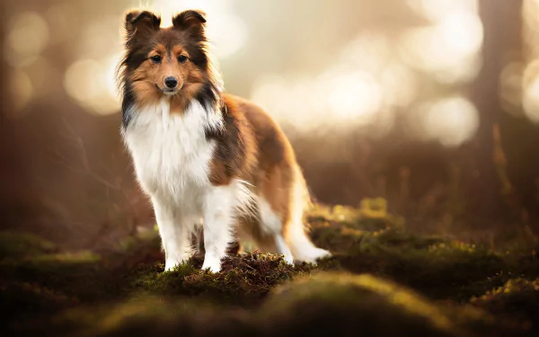 HD desktop wallpaper featuring a Shetland Sheepdog standing on mossy ground with a softly blurred natural background.