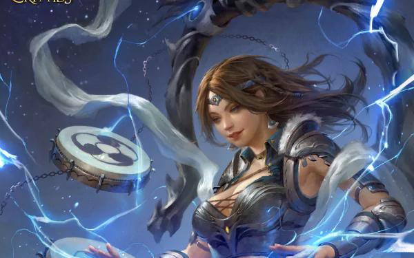 Brown-haired sorceress from the video game Legend of the Cryptids in an HD PC desktop wallpaper, unleashing blue lightning with floating mystical runes and a drifting drum.