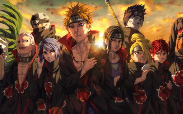 HD desktop wallpaper featuring characters from Naruto: Zetsu, Sasori, Obito Uchiha, Kisame Hoshigaki, Deidara, Itachi Uchiha, Pain, Yahiko, Konan, Kakuzu, and Hidan, showcasing Akatsuki members in a dramatic sunset.
