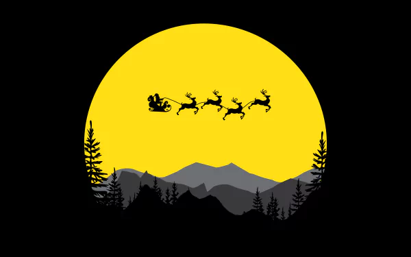 Minimalist 8K Ultra HD desktop wallpaper featuring a black silhouette of Santa’s sleigh with reindeer flying over mountains and trees against a large yellow moon.