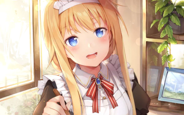 HD PC desktop wallpaper featuring Alice Zuberg from the anime Sword Art Online: Alicization, showcasing her smiling with bright blue eyes in a sunlit room.