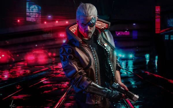 Futuristic warrior in cyberpunk attire from the video game Cyberpunk 2077 against a neon-lit cityscape, HD desktop wallpaper.
