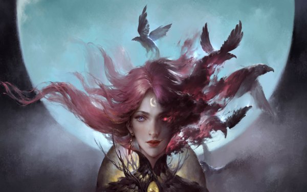 Fantasy Women Crow Pink Hair HD Wallpaper | Background Image