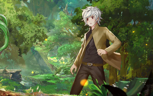 Anime-style HD desktop wallpaper featuring Bell Cranel with white hair and red eyes standing in a lush, vibrant forest from Is It Wrong to Try to Pick Up Girls in a Dungeon?.