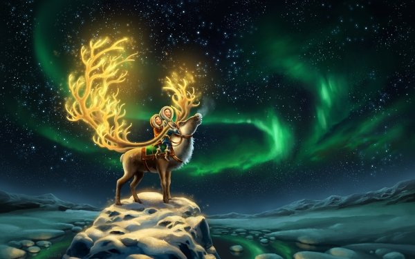 Fantasy Deer Sky Night Star Snow Child Aurora Borealis Reindeer HD Wallpaper | Background Image