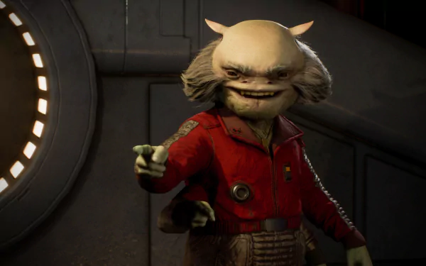 Star Wars video game — Star Wars Jedi: Fallen Order 2K Quad HD PC desktop wallpaper: small furry alien in a red uniform points inside a dim ship interior.