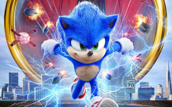 HD PC desktop wallpaper featuring Sonic the Hedgehog from the movie, depicted running through a glowing golden ring with a cityscape in the background.