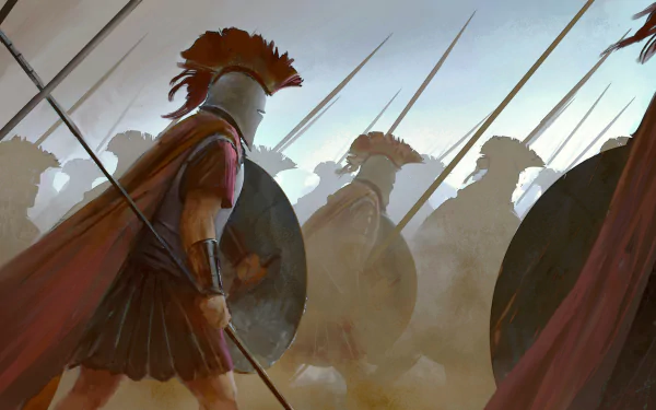 HD fantasy warrior hoplite in helmet and red cape holds spear and shield, leading a line of soldiers with spears in a misty battlefield, depicted in a dramatic desktop wallpaper.