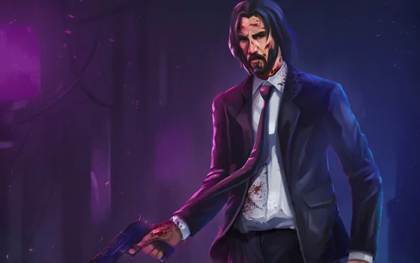 4K Ultra HD PC desktop wallpaper of a lone, bloodstained suited movie assassin gripping a pistol amid neon-lit rain, intense cinematic action hero portrait.