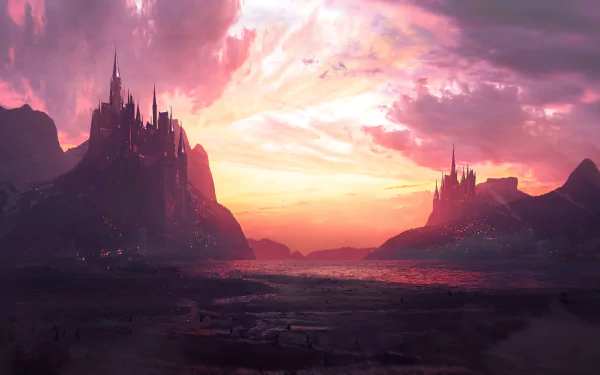 HD fantasy desktop wallpaper featuring a dramatic sunset over a majestic castle landscape. The vibrant sky contrasts with silhouetted castles, creating a captivating and enchanting scene.