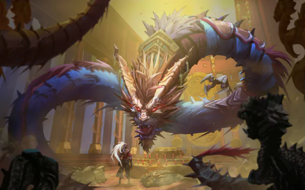 HD PC desktop wallpaper featuring a fierce dragon and warrior from the video game Arena of Valor in an intense battle scene.