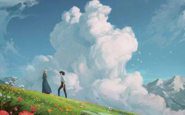 HD wallpaper featuring characters from Howl's Moving Castle, with one having black long hair and the other with white long hair. They stand in a flower field with a mountain and cloud-filled sky in the background.