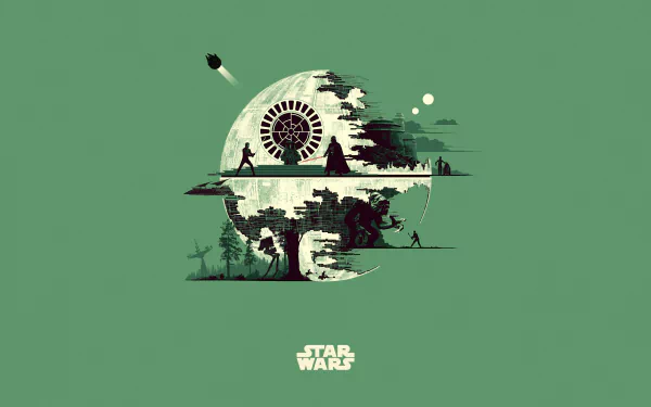 Minimalist HD desktop wallpaper featuring Luke Skywalker, Darth Vader, and the Death Star from Star Wars, set against a green background with the Star Wars logo at the bottom.