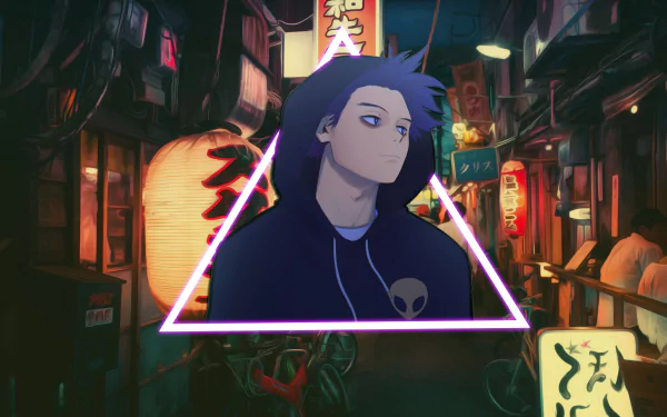 A vibrant HD anime wallpaper inspired by My Hero Academia, featuring a character in an urban setting with neon signs and a stylized triangle frame.